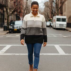 Alfred Dunner Womens Sweater Medium White/Gray/Black 1/4 Zip Pull-Over